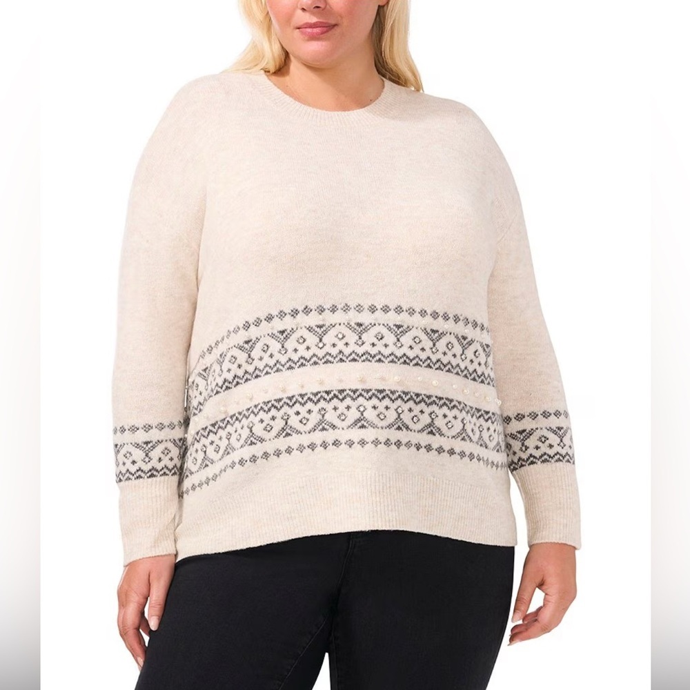 CECE Fair Isle Jersey Knit Crew Neck Dropped Long Sleeve Pullover Sweater